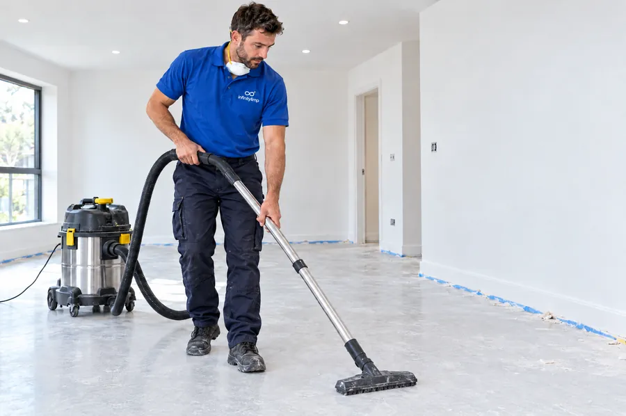 Profissional da InfinityLimp a aspirar o pó de obra numa divisão acabada de renovar