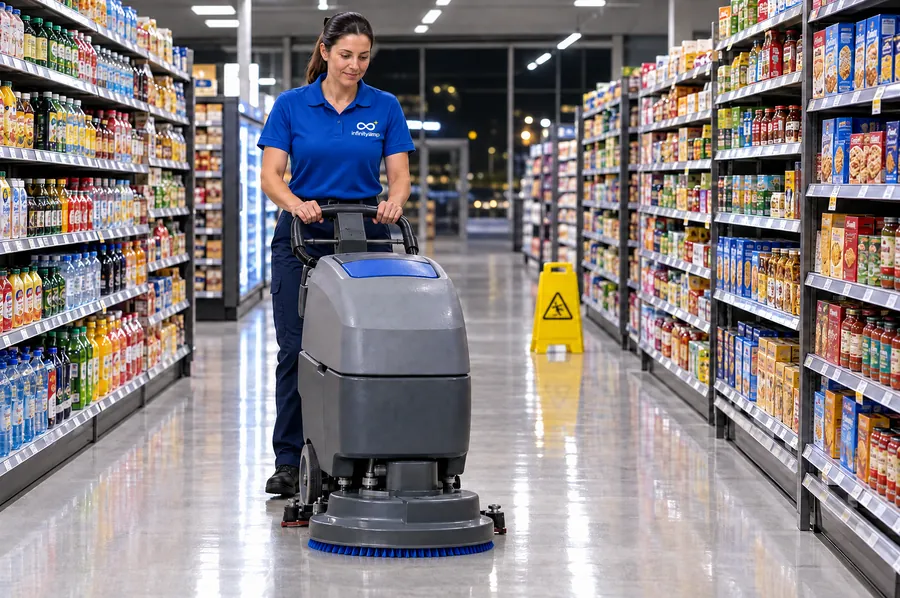 Profissional da InfinityLimp a lavar o corredor de um supermercado depois do fecho